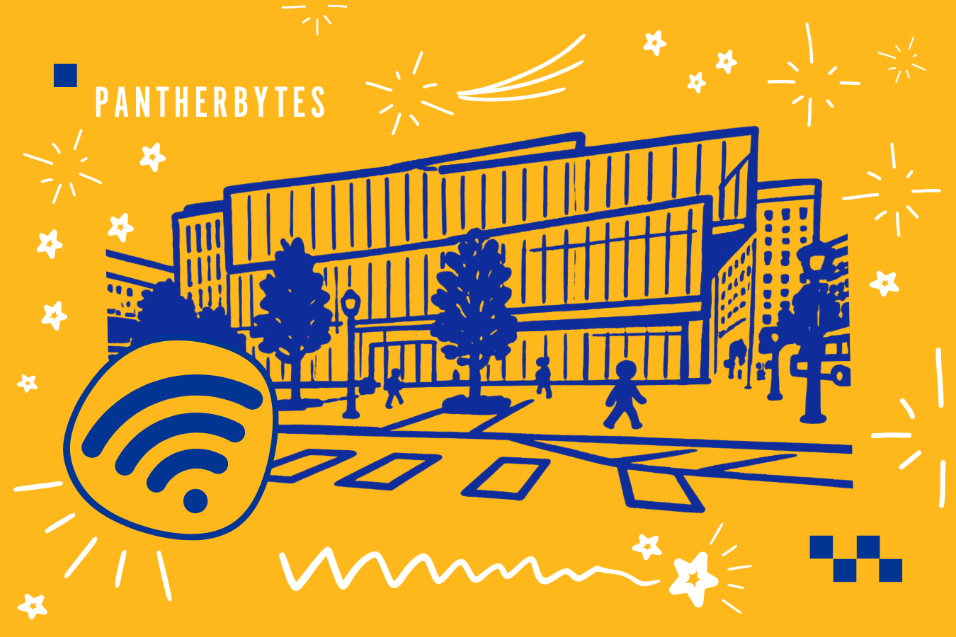 Hillman Library with Wi-Fi icon in doodle style