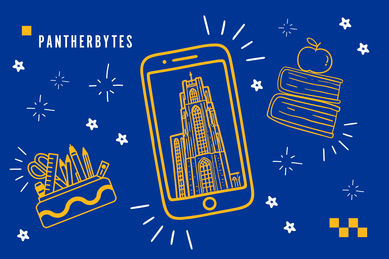 Cathedral of learning and academic iconography in doodle style
